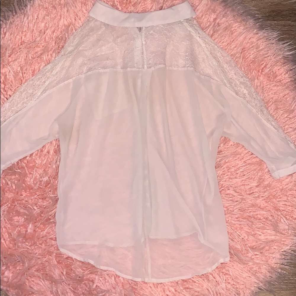Beige sheer button-down collared women’s blouse - Picture 2 of 6